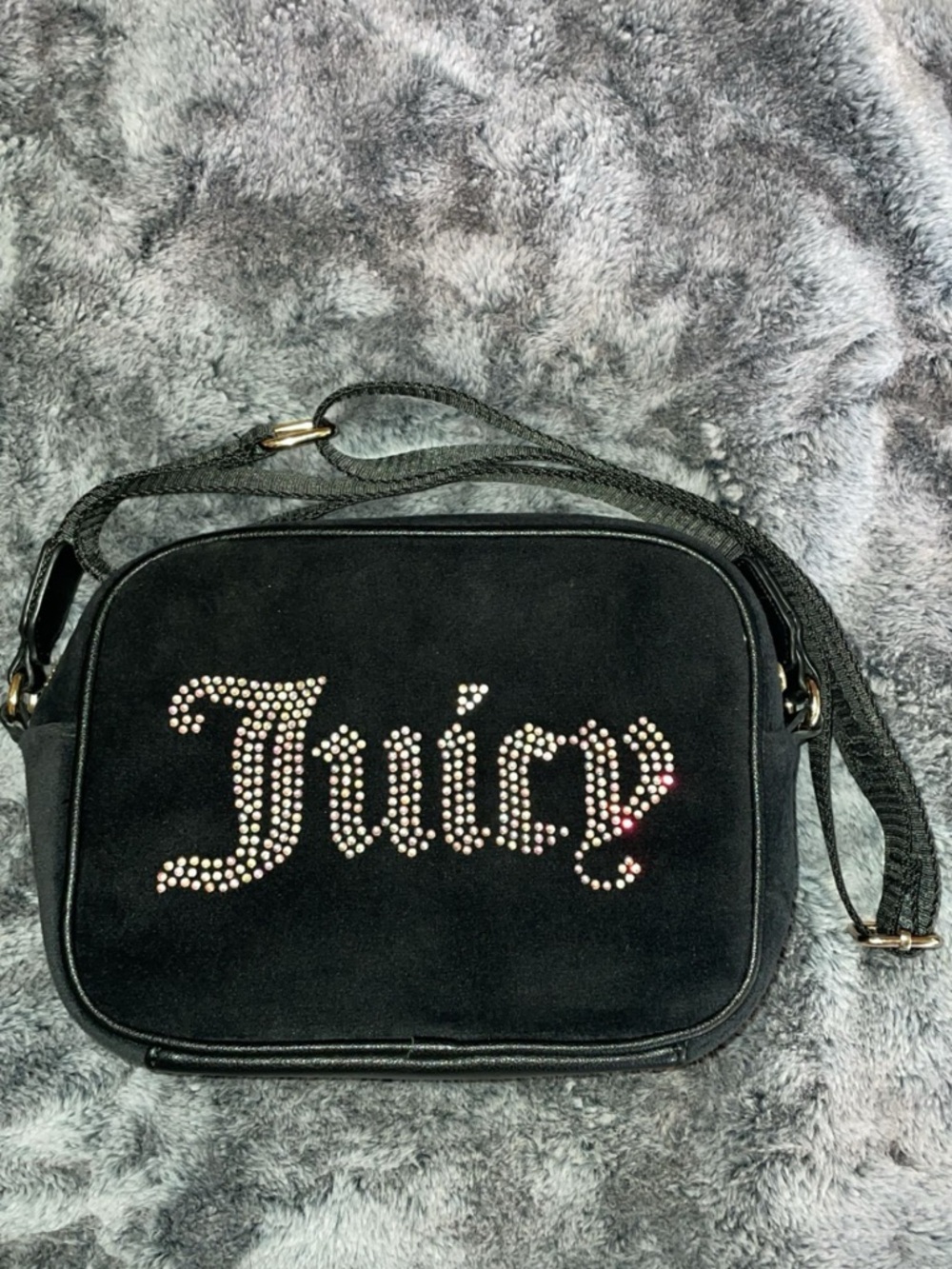 Juicy Couture Black Suede Crossbody with Crystal 'Juicy' Logo